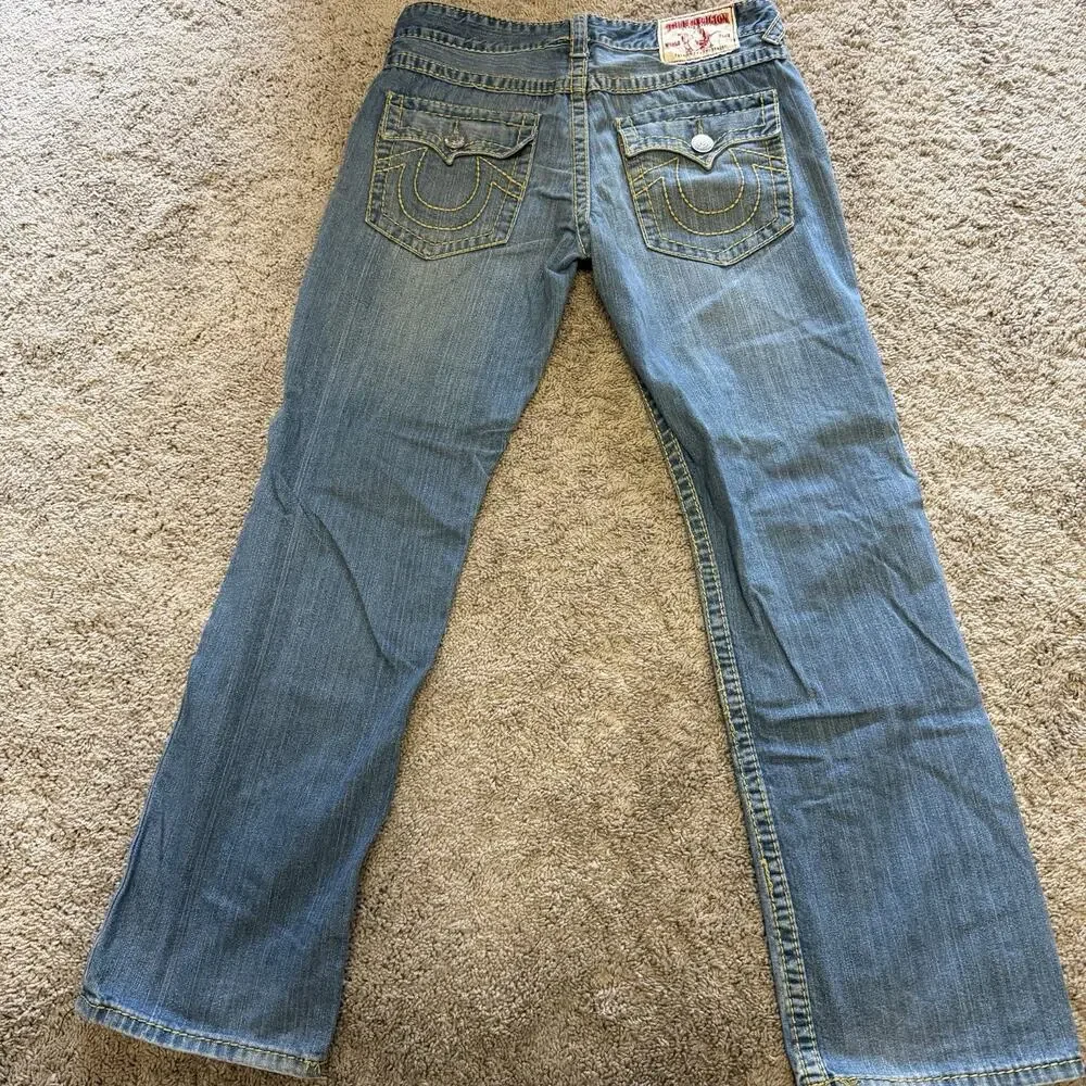True Religion World Tour Ricky Distressed Flap Jeans 36x 34 Med Wash Blue Denim
